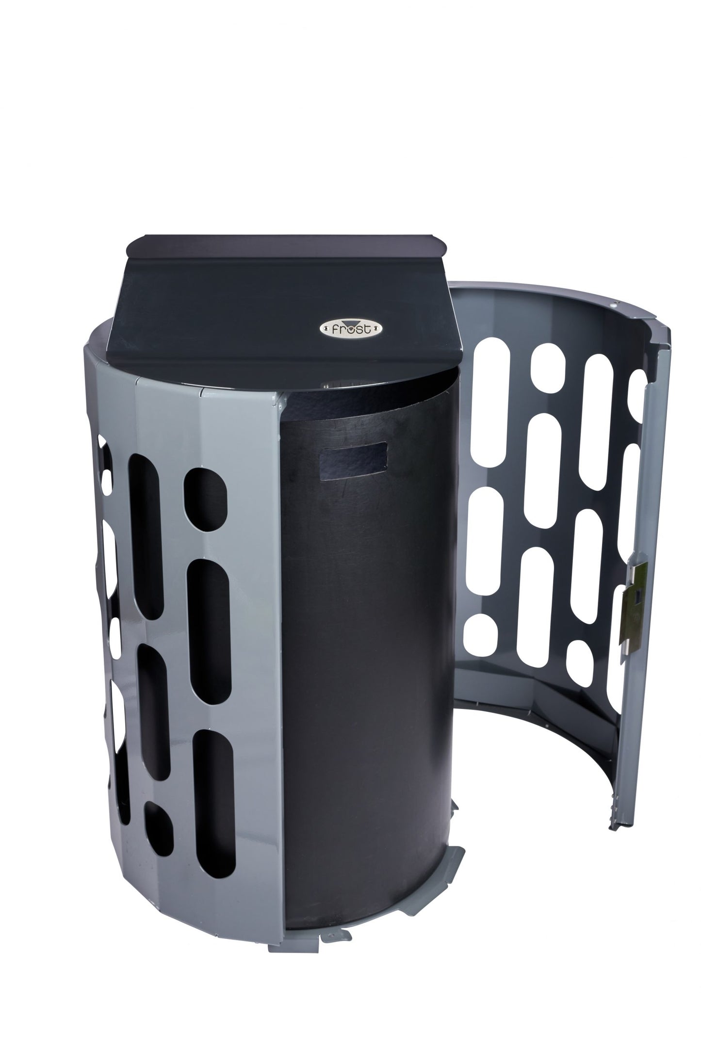 Frost black outdoor waste receptacle open