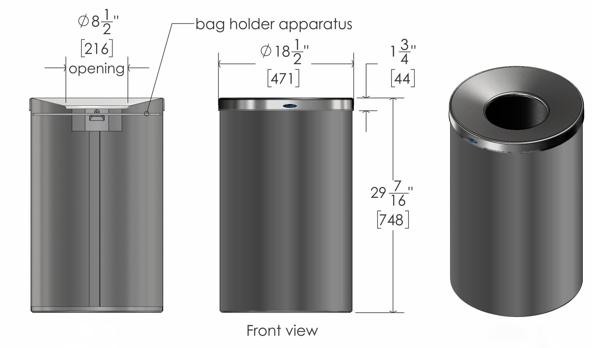 Frost Black Lobby Waste Receptacle Plans View